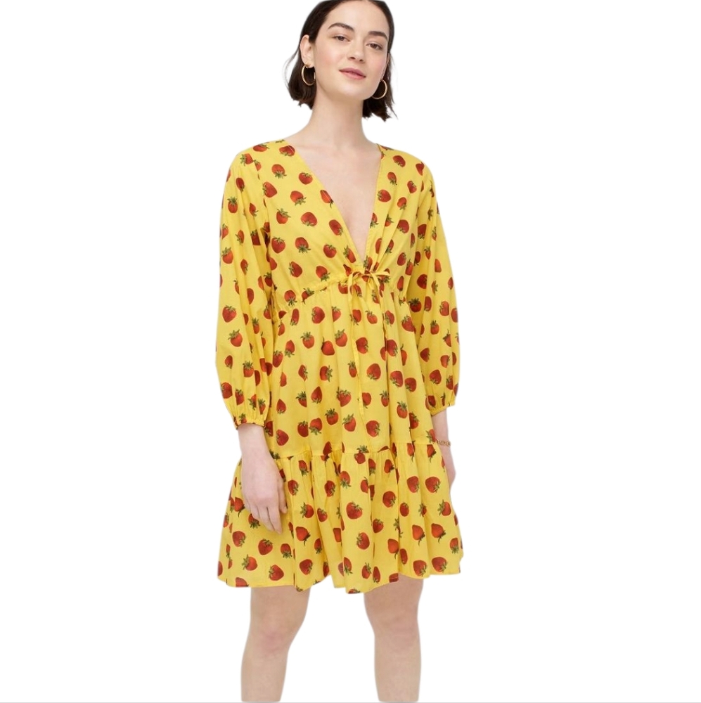 Edie Parker x J.Crew Nwot Longsleeve Yellow Strawberry V Neck Shift Dress